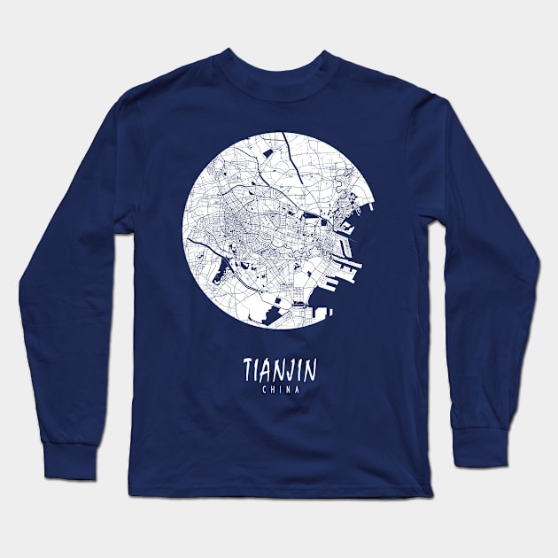 Tianjin, China City Map - Full Moon Long Sleeve T-Shirt by deMAP Studio